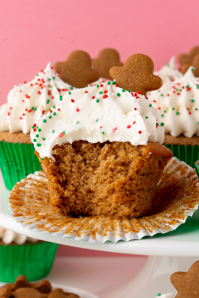 The interior of a gingerbread cupcake to show the soft and tender texture.