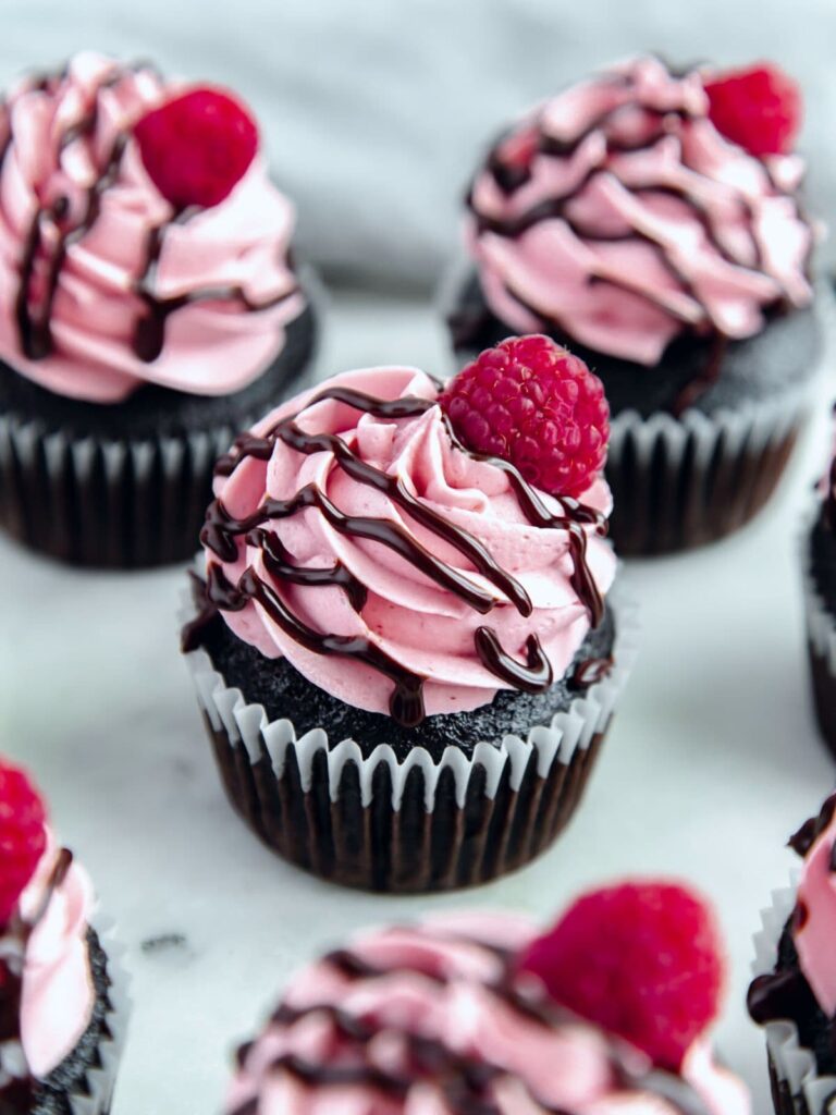 chocolate raspberry cupcakes close up