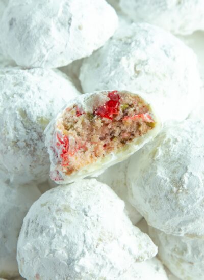 cherry pistachio snowball cookies featured image