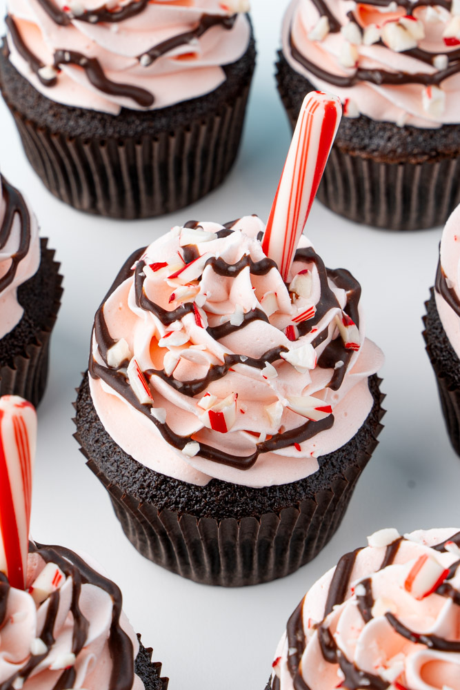 Peppermint mocha cupcakes made with candy cane frosting.