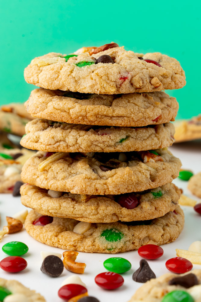 A stack of Christmas kitchen sink cookies.