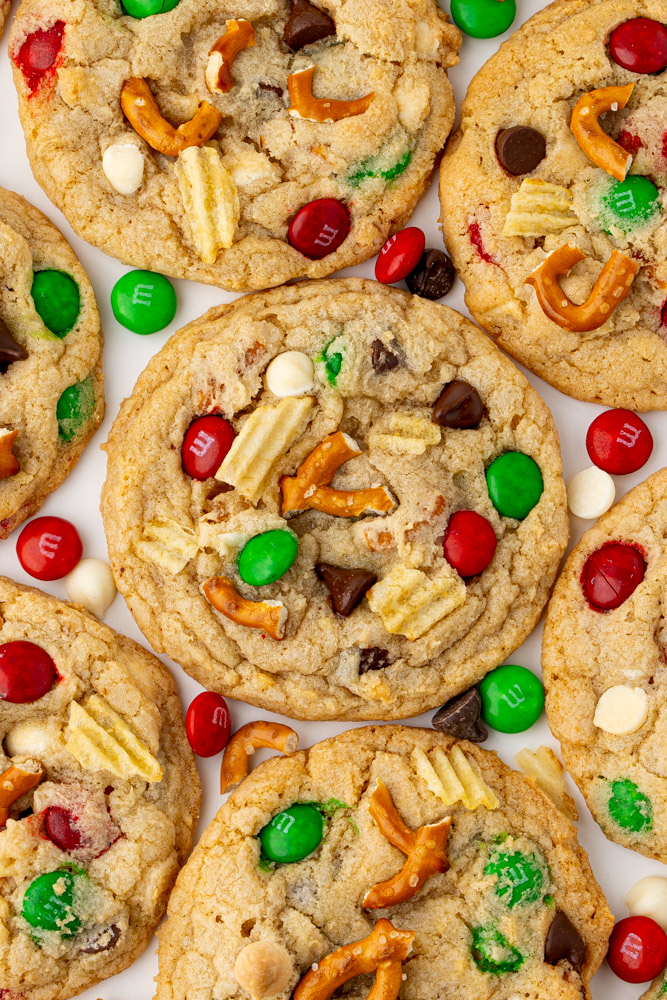 Kitchen sink cookies made with holiday M&Ms, pretzels, and potato chips.