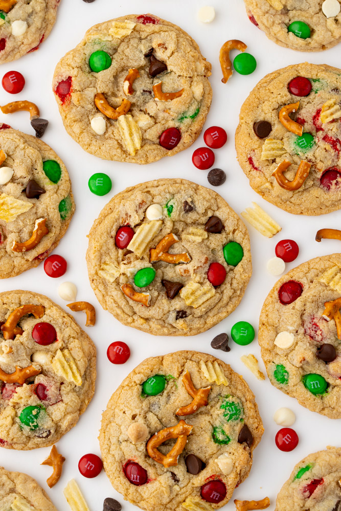 Easy Christmas cookies made with chocolate chips, M&Ms, pretzels, and potato chips.