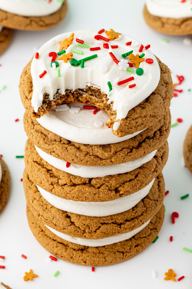 A stack of gingerbread cookies with a bite taken out of the top cookie to show the interior texture.
