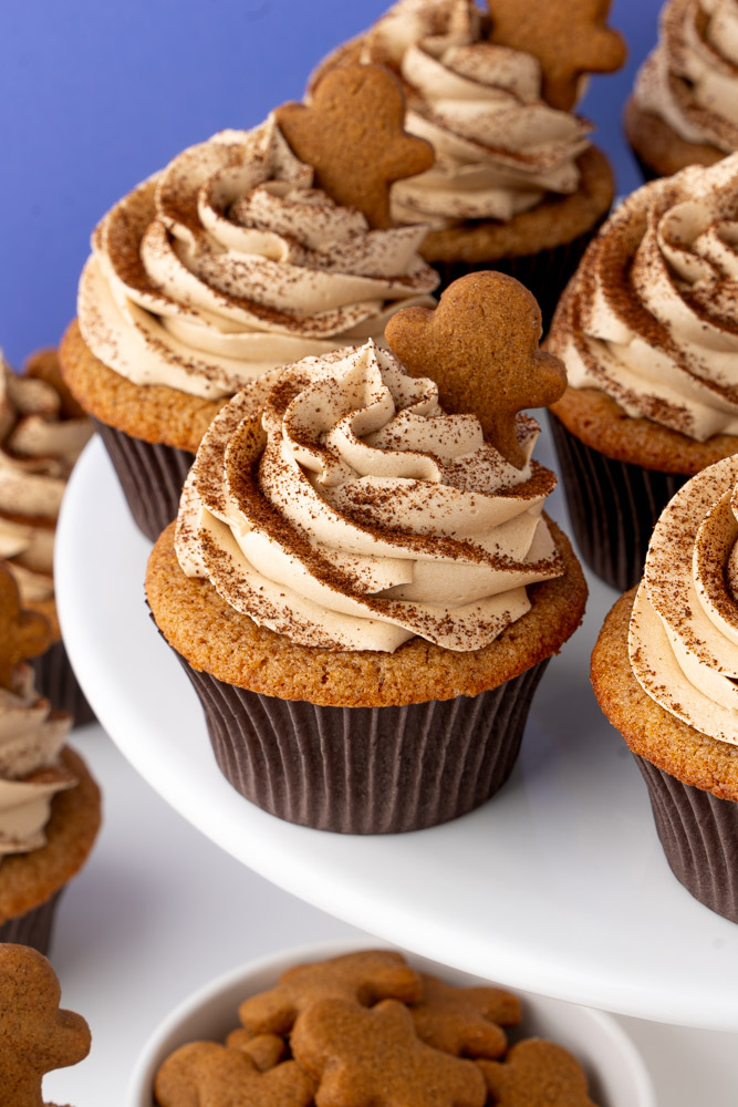 Easy gingerbread cupcakes with espresso frosting for Christmas.