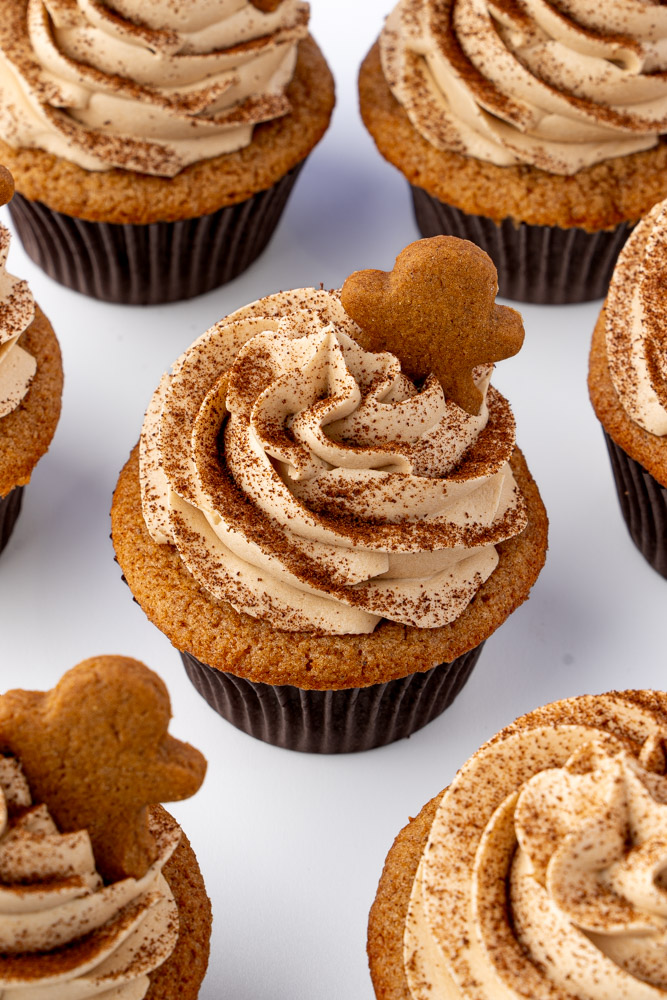 Gingerbread cupcakes with coffee buttercream frosting.