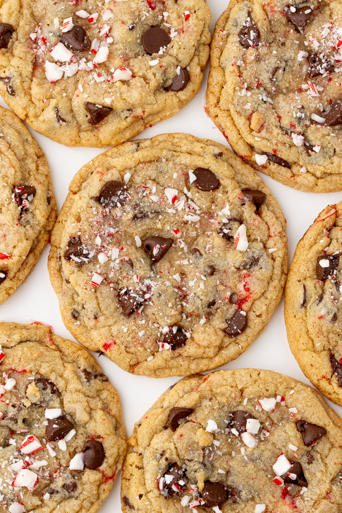 Chocolate chip cookies with candy cane pieces.
