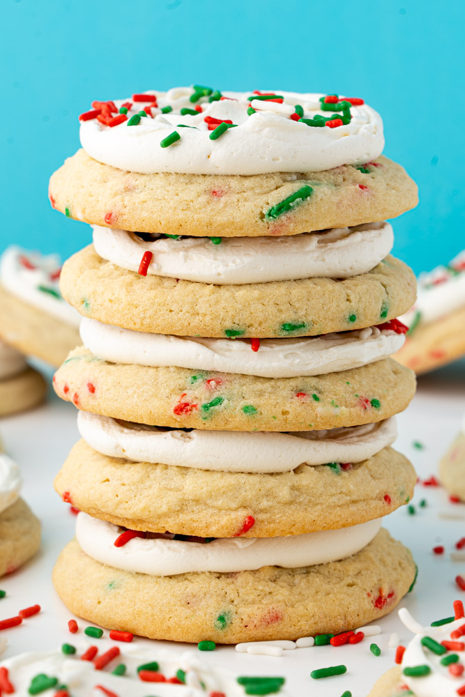 A stack of Christmas frosted sugar cookies.