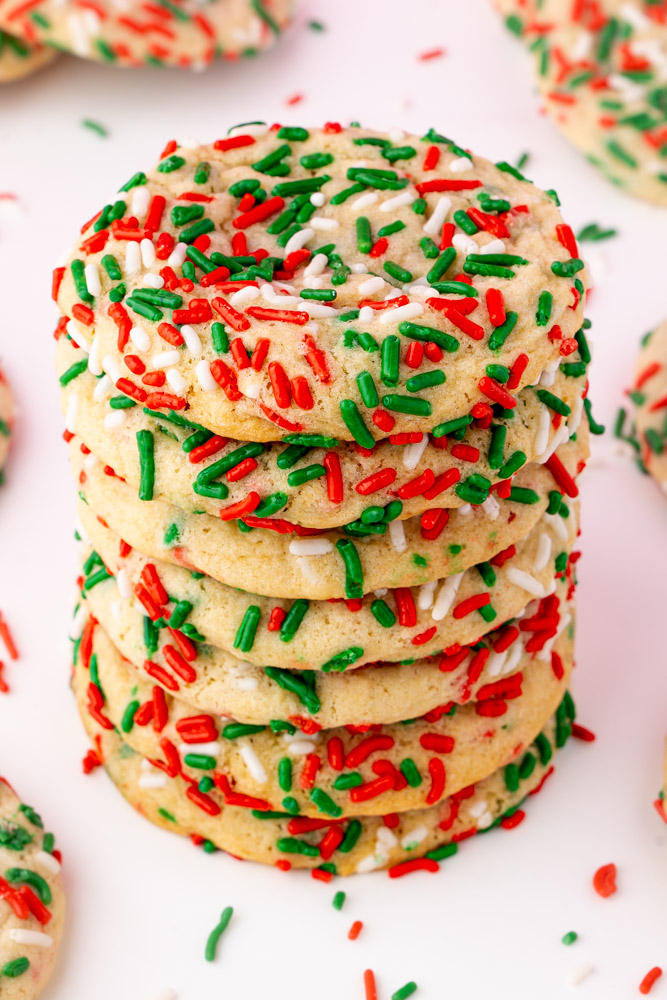A stack of Christmas funfetti sugar cookies.