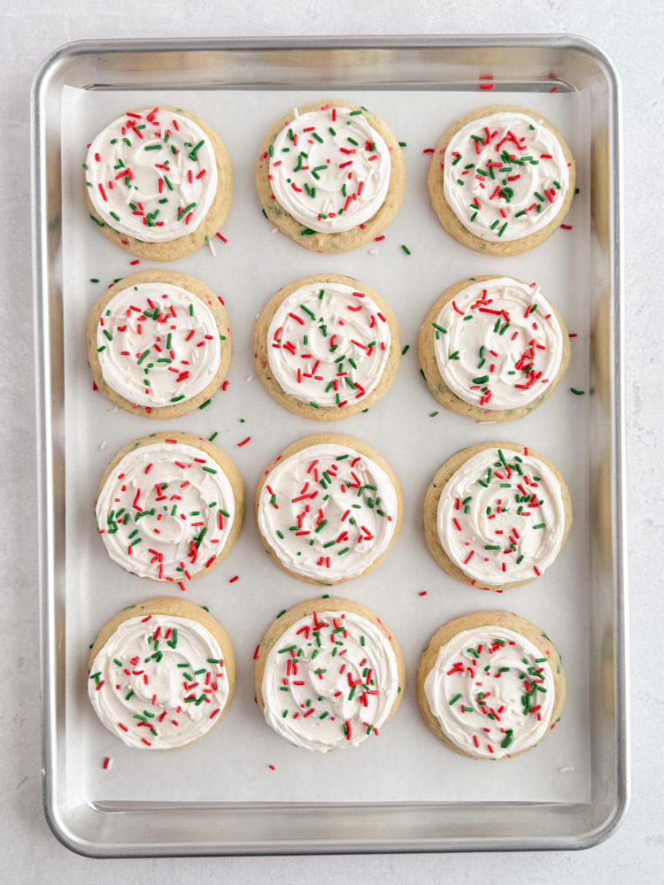 Frosted and decorated vanilla sugar cookies.