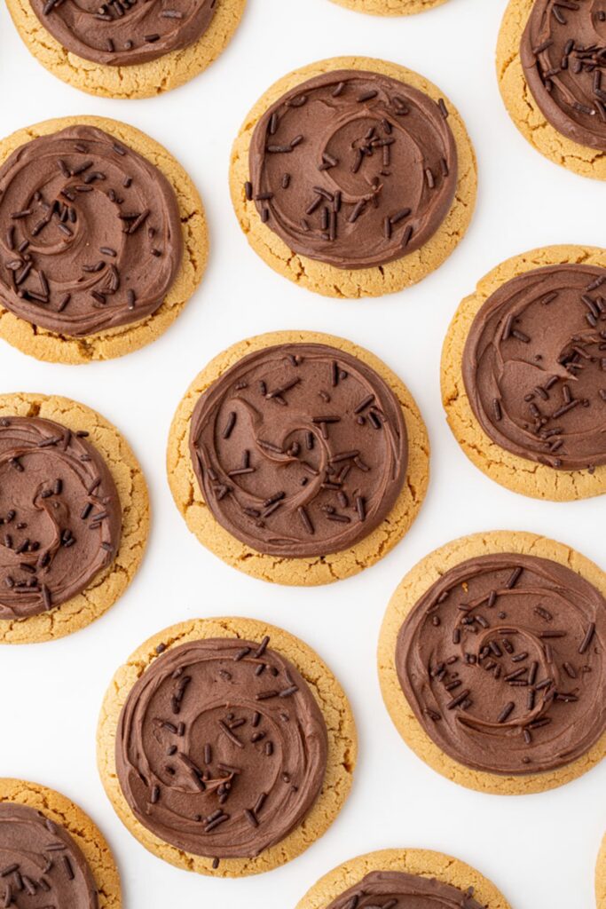 Chewy peanut butter cookies with chocolate frosting.
