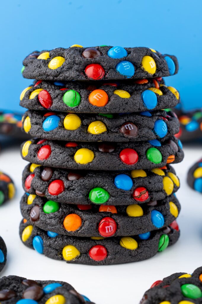 A stack of chocolate M&M cookies.