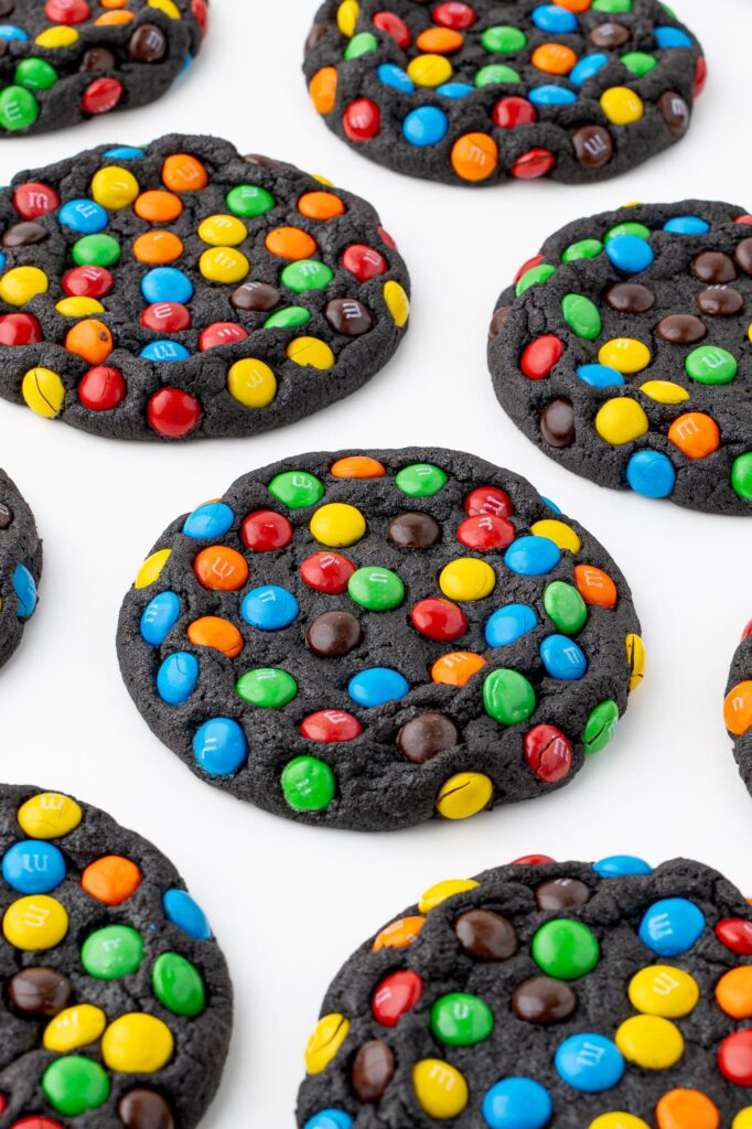 Dark chocolate cookies with M&M candies.