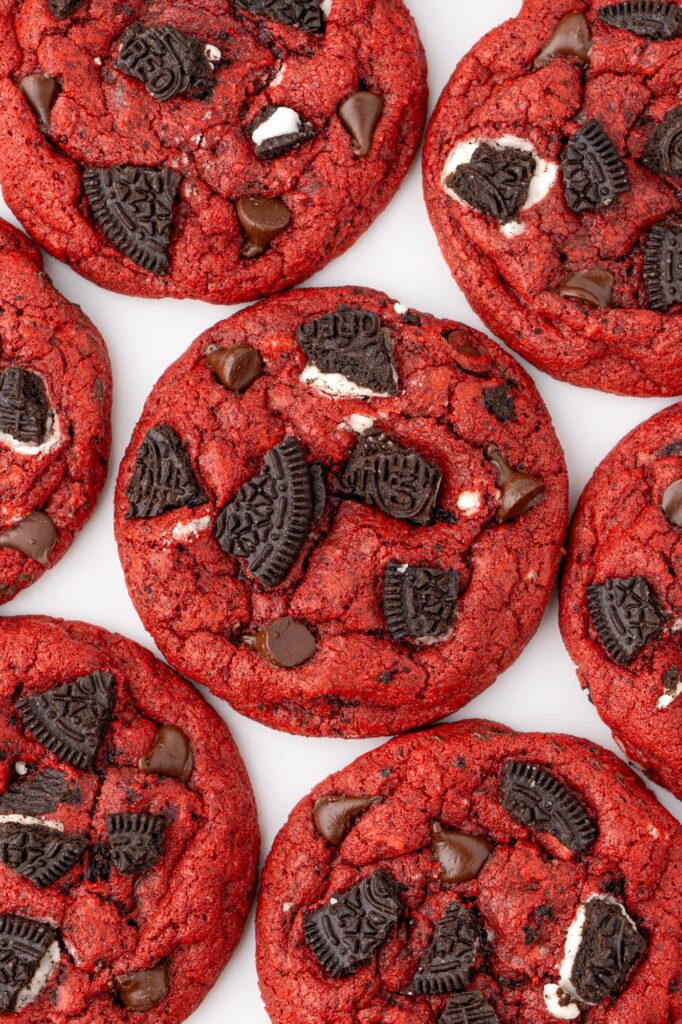 Red velvet chocolate chip cookies with Oreo cookies.
