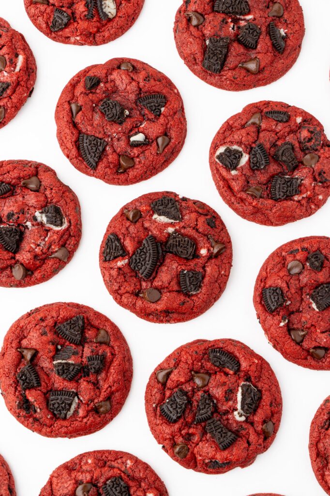 Red velvet cookies with chocolate chips and Oreo cookies.