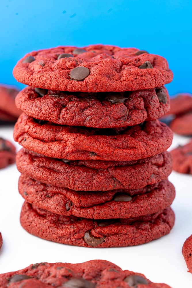 A stack of the red velvet chocolate chip cookies.