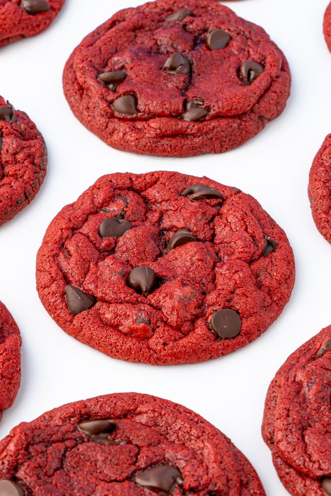 Chewy red velvet cookies with semisweet chocolate chips.