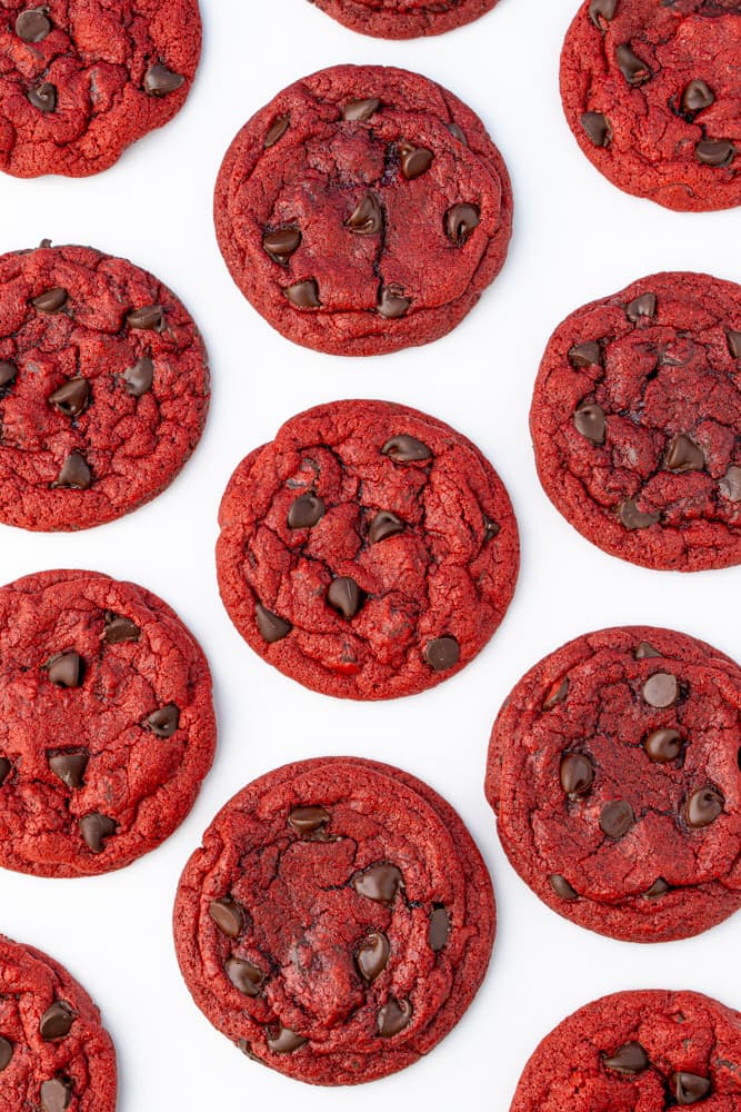 Red velvet cookies with semisweet chocolate chips.