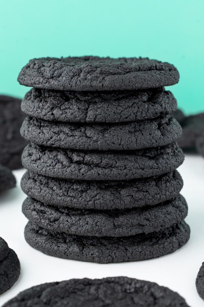 A stack of dark chocolate sugar cookies.