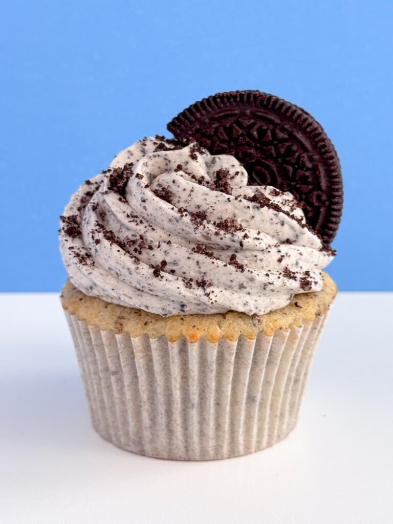 Frosted and decorated cupcake.