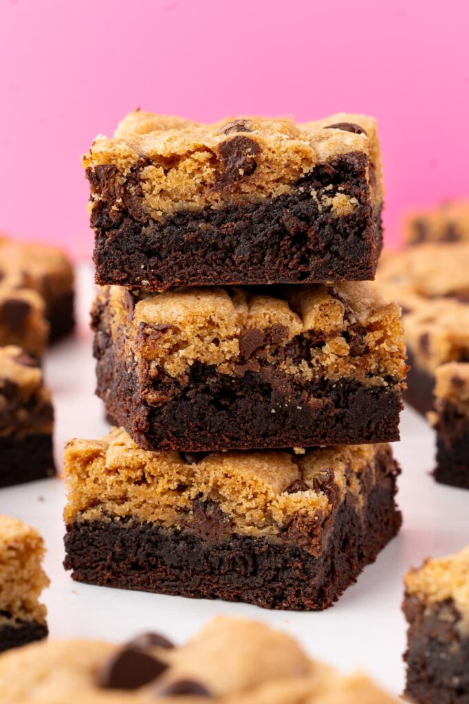 A stack of brookies made with chewy brownies and chocolate chip cookie dough.