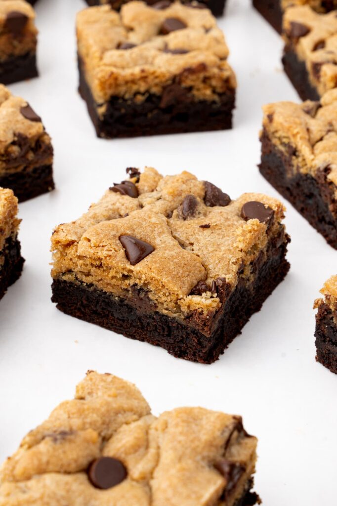 A brookie with a chewy brownie layer on the bottom and chocolate chip cookie layer on the top.