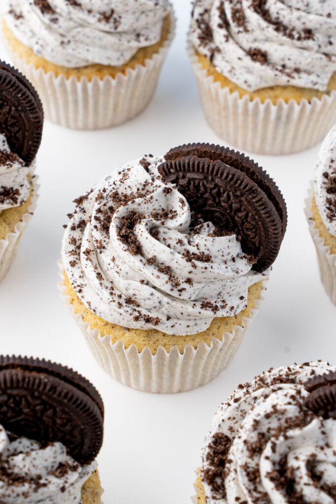 Vanilla Oreo cupcakes with Oreo frosting.