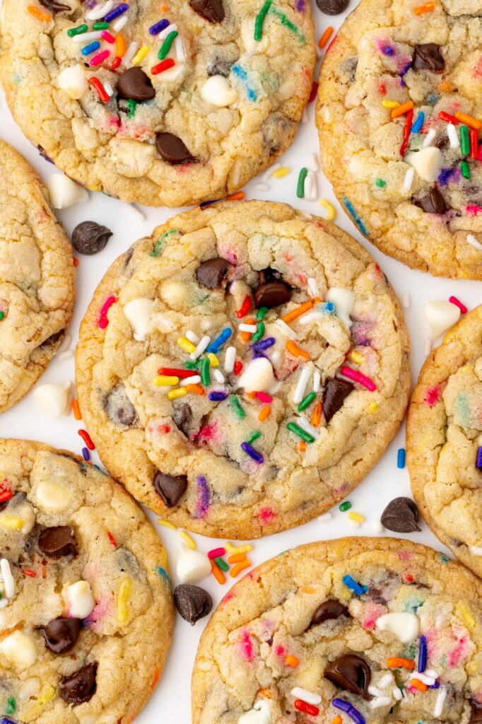A close up photo of the cake batter chocolate chip cookies.