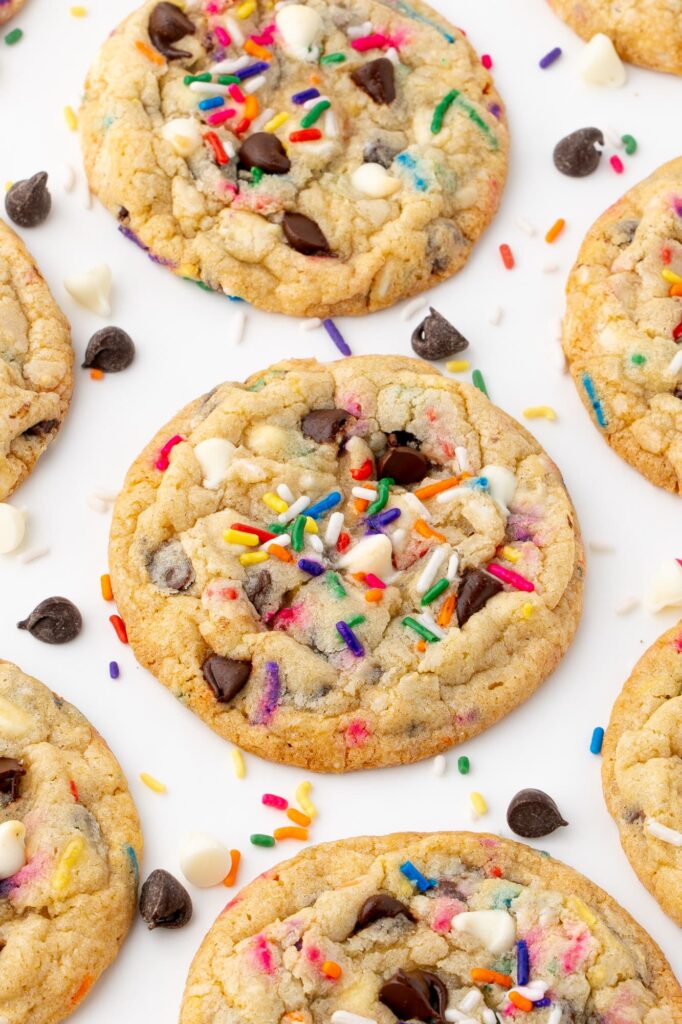 Chocolate chip cookies made with cake mix, semisweet chocolate, white chocolate, and rainbow sprinkles.
