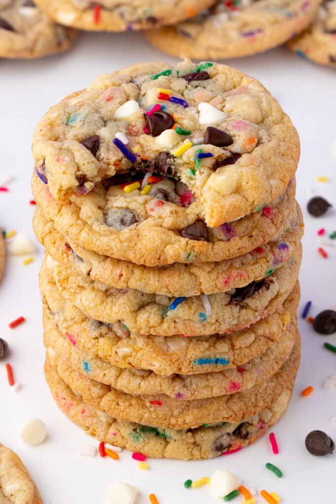 A stack of the cake batter chocolate chip cookies.