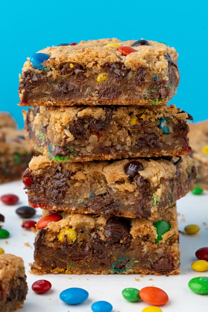 A stack of monster cookie bars.