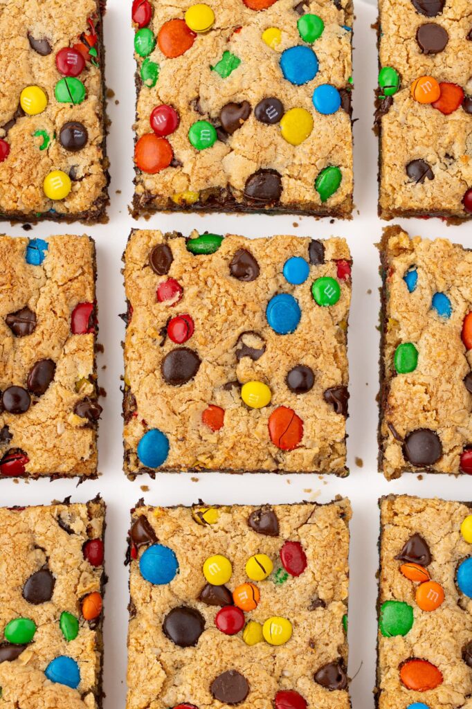 Soft and chewy monster cookie bars.