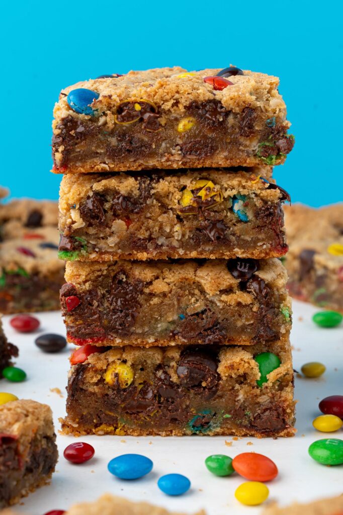 A stack of monster cookie bars.