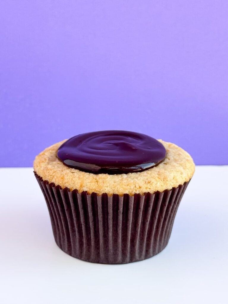 Graham cracker cupcake with chocolate ganache on top.