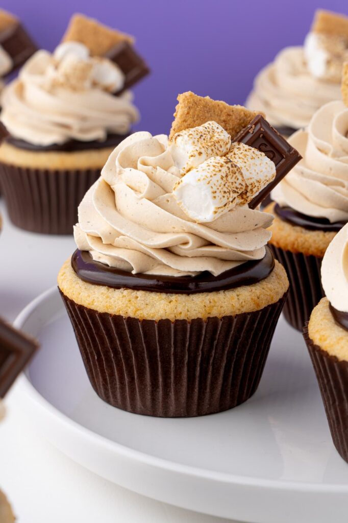 S'mores cupcakes on a white plate.