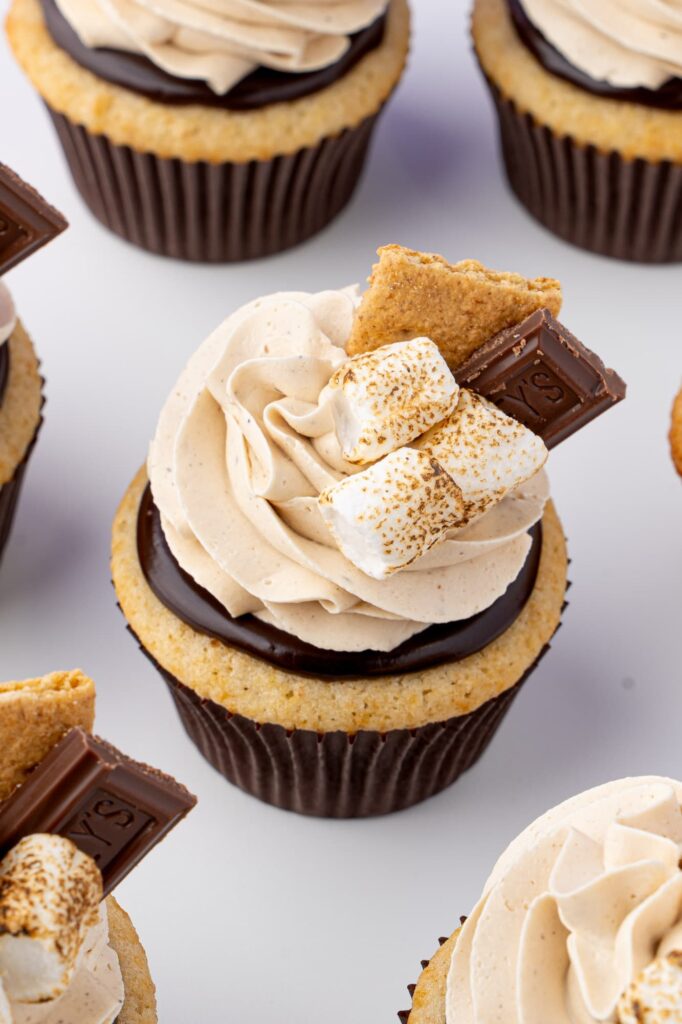 Graham cracker cupcakes with chocolate ganache and toasted marshmallow buttercream frosting.