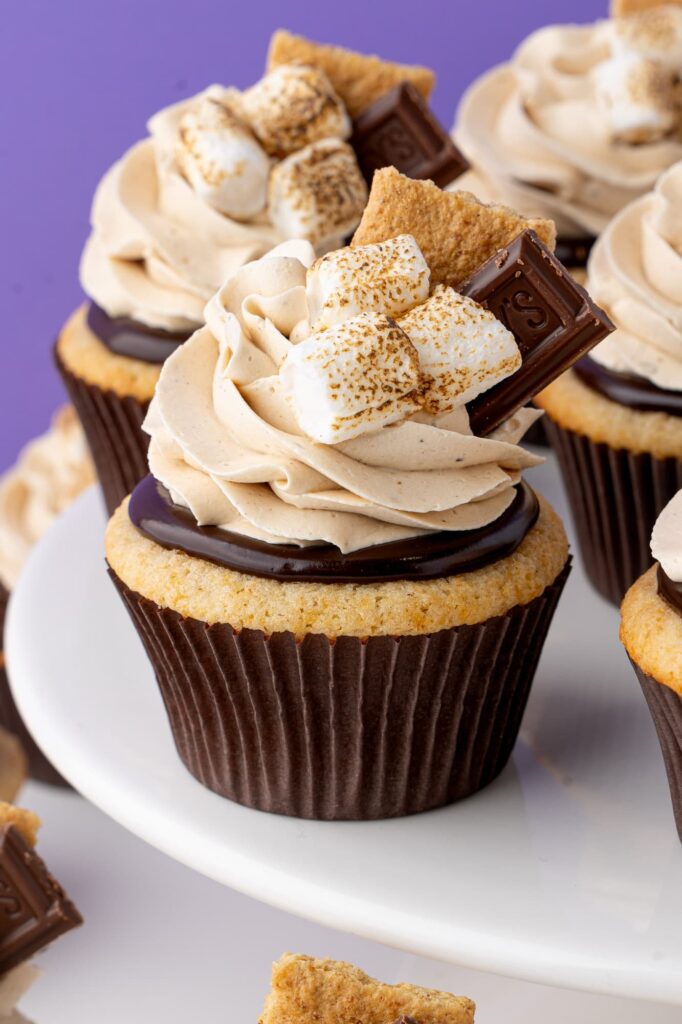S'mores cupcakes on a white cake stand.