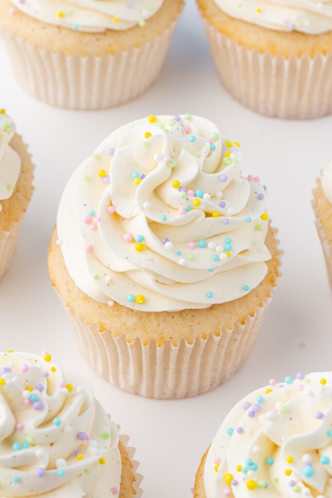 Vanilla cupcakes with vanilla buttercream frosting.