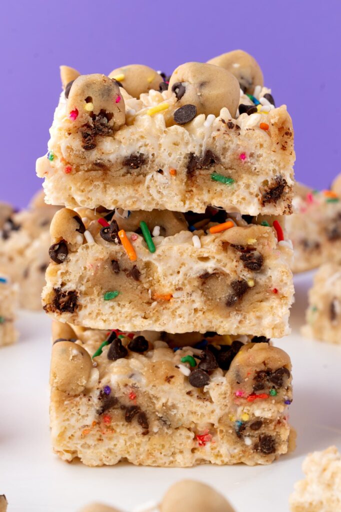 A stack of cookie dough Rice Krispie treats.