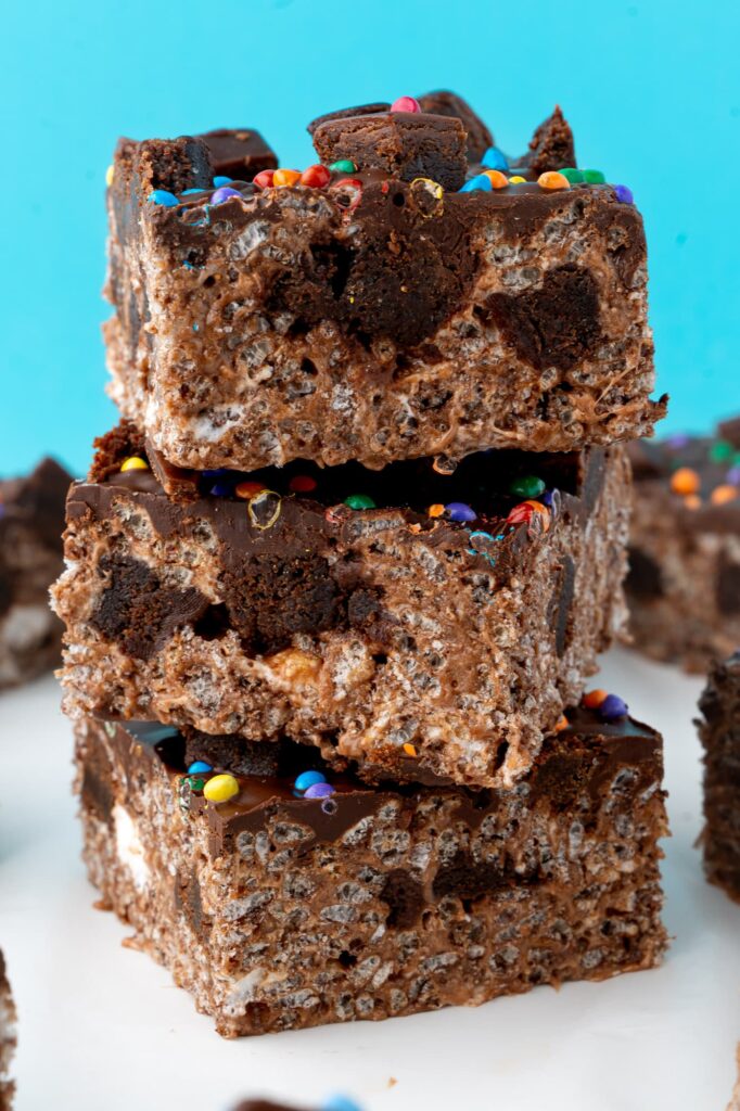 A stack of cosmic brownie Rice Krispie treats.