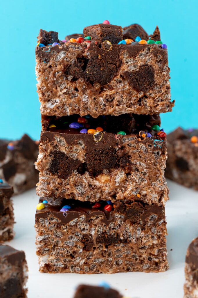 A stack of cosmic brownie Rice Krispie treats.