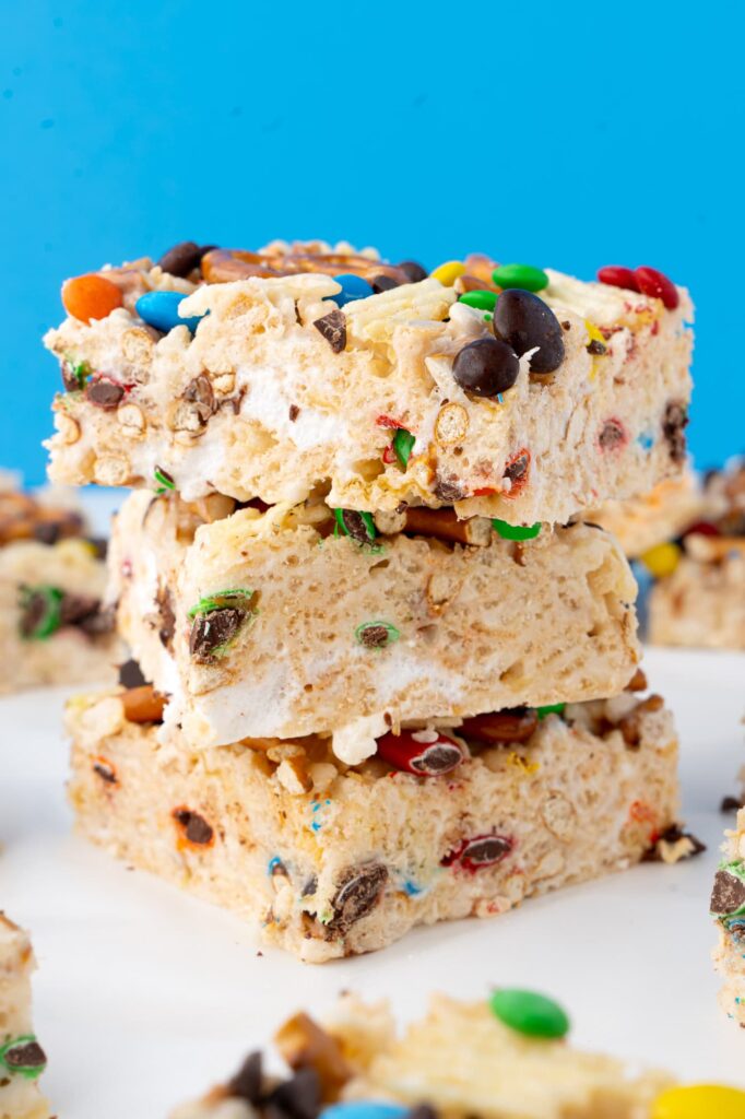 A stack of kitchen sink Rice Krispie treats.