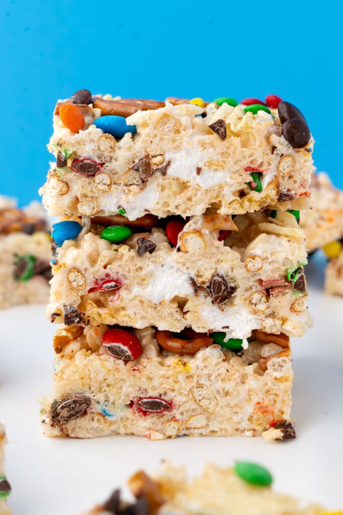 A stack of kitchen sink Rice Krispie treats.