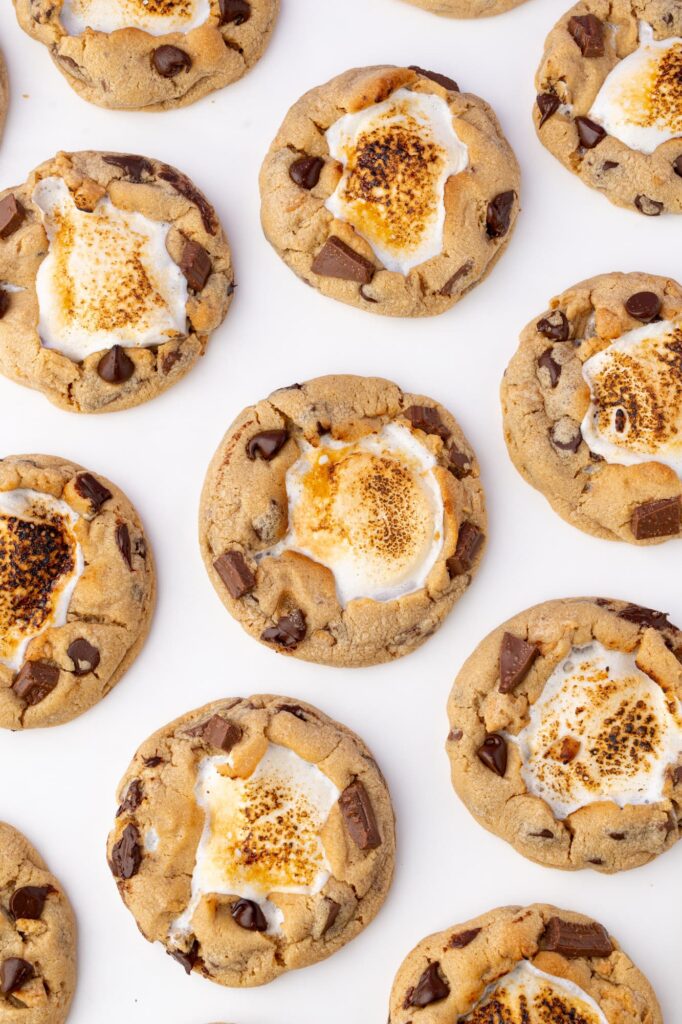 Marshmallow stuffed peanut butter cookie with chocolate chips.