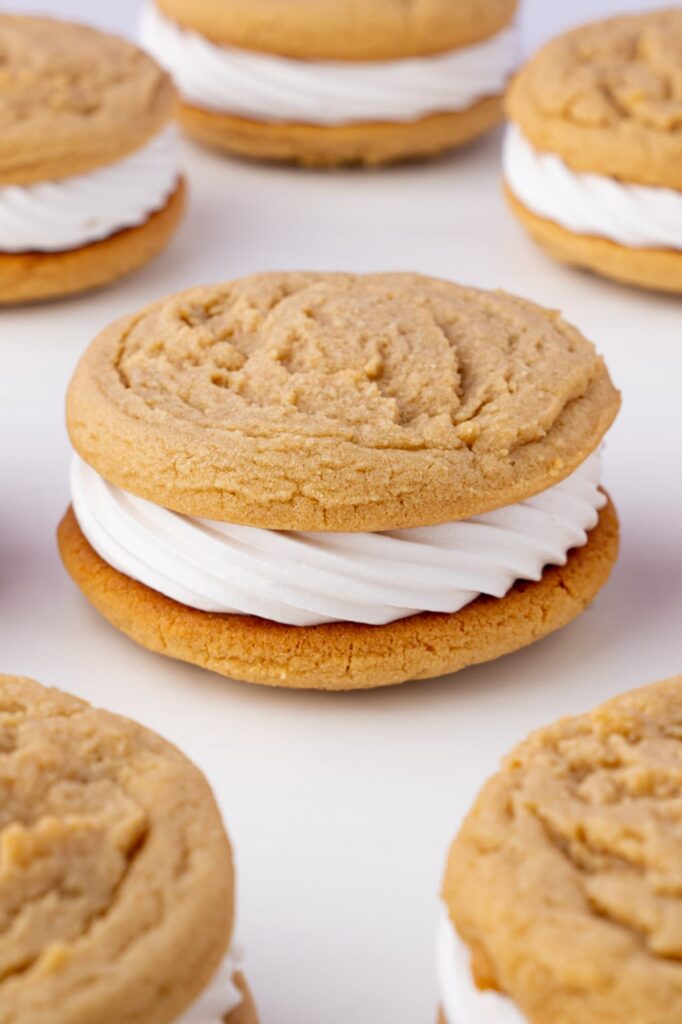 Peanut butter cookies with marshmallow fluff filling.