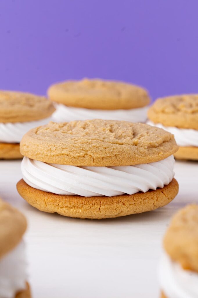 Homemade marshmallow cream filled peanut butter cookies.