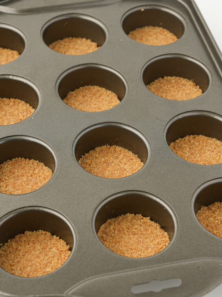 Graham cracker crumbs pressed into a mini cheesecake pan.